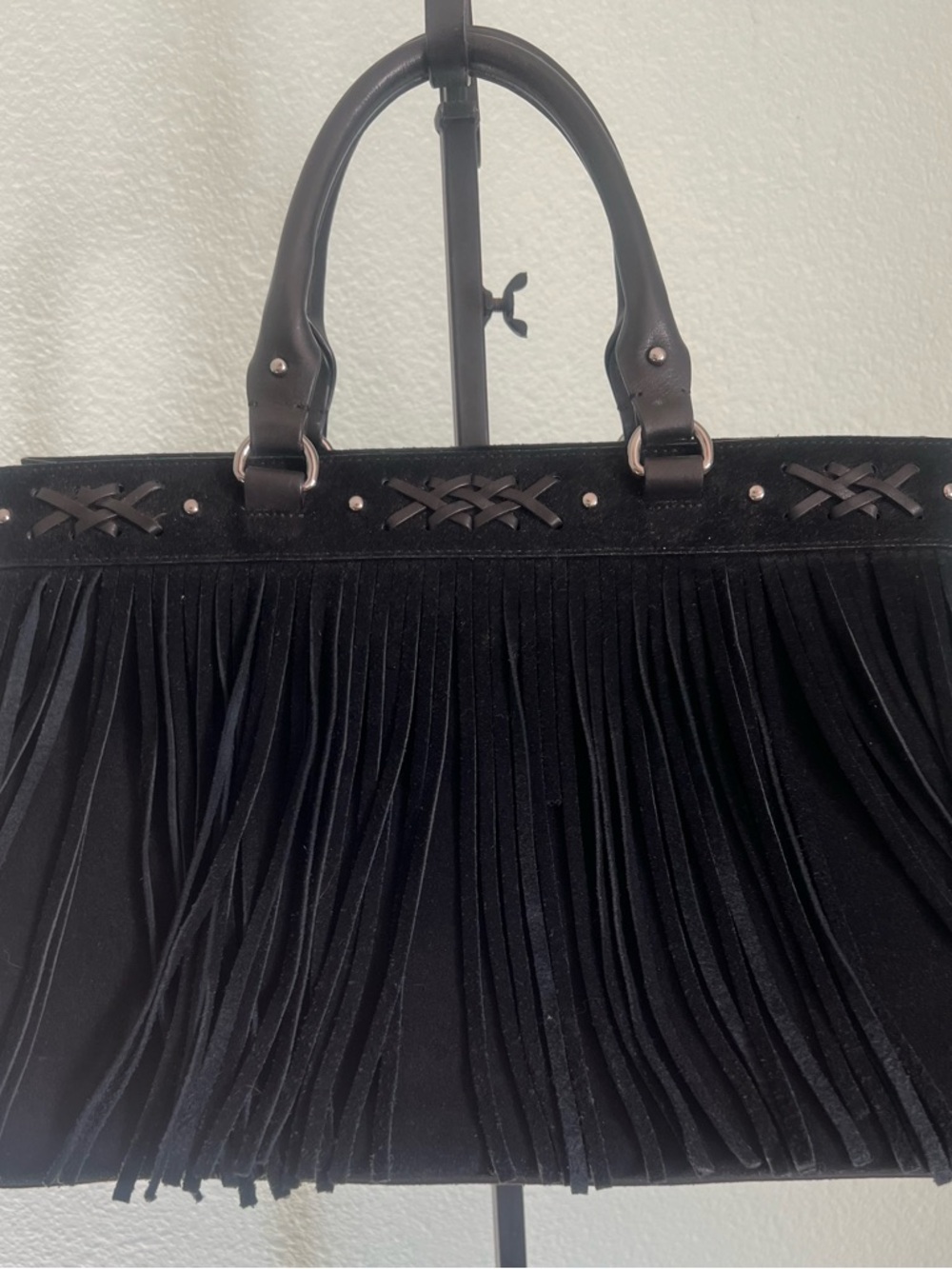 Lauren Ralph Lauren Barton Emery Black Suede Fringe Satchel Tote Western Boho - Picture 2 of 4